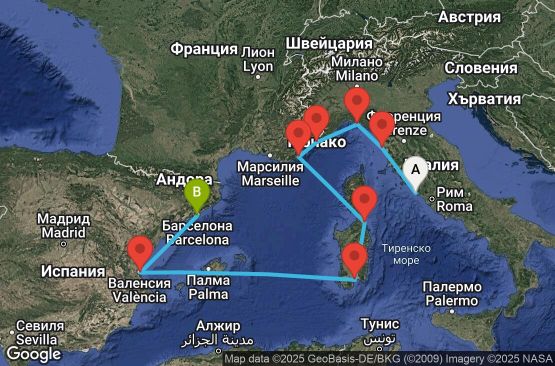 Маршрут на круиз 9 дни Италия, Монако, Франция, Испания - EX20270524CVVBCN