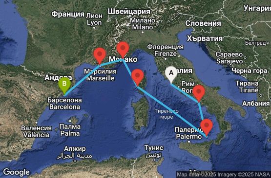 Маршрут на круиз 7 дни Италия, Франция, Монако, Испания - EX20270927CVVBCN