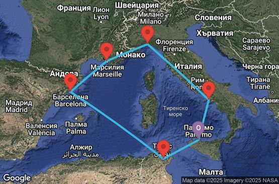 Маршрут на круиз 7 дни Италия, Тунис, Испания, Франция - UXHM