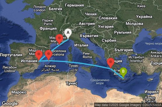 Маршрут на круиз Italy, Spain, Balearic Islands, Greece - SVN07A5W