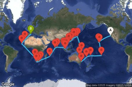Маршрут на круиз USA, Hawaii, Polynesia, Fiji, Australia, Japan, South Korea, Taiwan, China, Vietnam, Singapore, Malaysia, Sri Lanka, Maldives, South Africa - SFO97A02