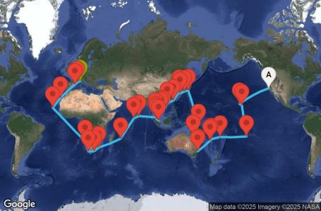 Маршрут на круиз USA, Hawaii, Polynesia, Fiji, Australia, Japan, South Korea, Taiwan, China, Vietnam, Singapore, Malaysia, Sri Lanka, Maldives, South Africa - SFO99A02