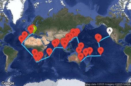 Маршрут на круиз USA, Hawaii, Polynesia, Fiji, Australia, Japan, South Korea, Taiwan, China, Vietnam, Singapore, Malaysia, Sri Lanka, South Africa, Italy - SFOA0A02