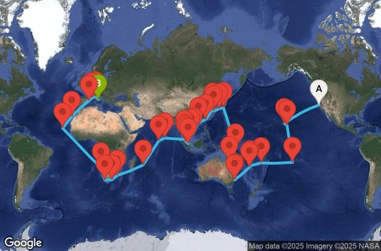 Маршрут на круиз USA, Hawaii, Polynesia, Fiji, Australia, Japan, South Korea, Taiwan, China, Vietnam, Singapore, Malaysia, Sri Lanka, South Africa, Italy - SFOA0A02