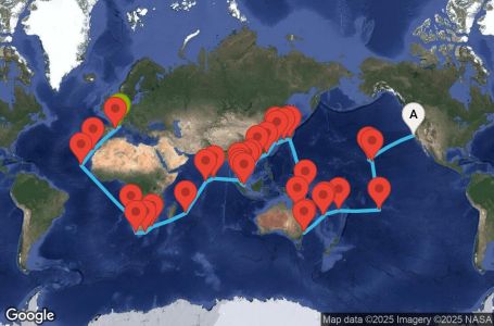 Маршрут на круиз USA, Hawaii, Polynesia, Fiji, Australia, Japan, South Korea, Taiwan, China, Vietnam, Singapore, Malaysia, Sri Lanka, Maldives, South Africa - SFO98A02