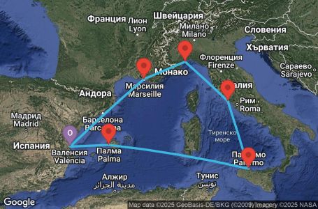 Маршрут на круиз Spain, Balearic Islands, Italy, France - VLC07A3D