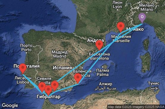 Маршрут на круиз 11 дни Италия, Испания, Португалия, Гибралтар, Франция - SVN11A0G