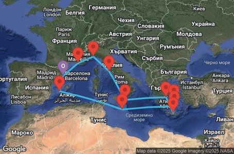 Маршрут на круиз 14 дни Испания, Франция, Италия, Гърция, Малта - BCN14129