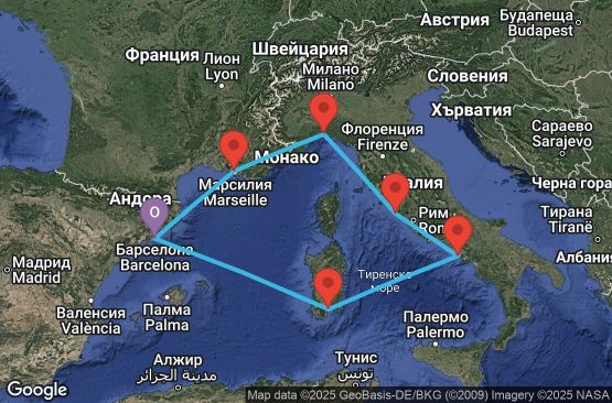 Маршрут на круиз 7 дни Испания, Италия, Франция - BCN07A55