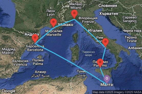 Маршрут на круиз 7 дни Малта, Испания, Франция, Италия - UXL6