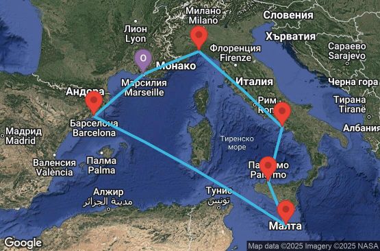 Маршрут на круиз 7 дни Франция, Италия, Малта, Испания - UXL4