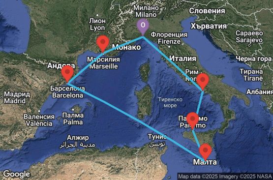 Маршрут на круиз 7 дни Италия, Малта, Испания, Франция - UXL5