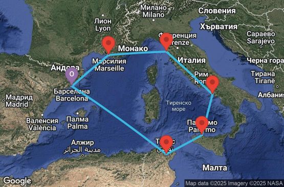 Маршрут на круиз 7 дни Испания, Тунис, Италия, Франция - UXJR