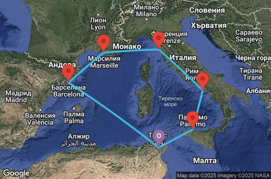 Маршрут на круиз 7 дни Тунис, Италия, Франция, Испания - UXJS