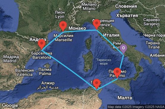 Маршрут на круиз 7 дни Италия, Франция, Испания, Тунис - UXJU