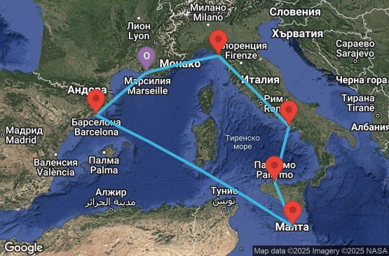 Маршрут на круиз 7 дни Франция, Италия, Малта, Испания - UXLE