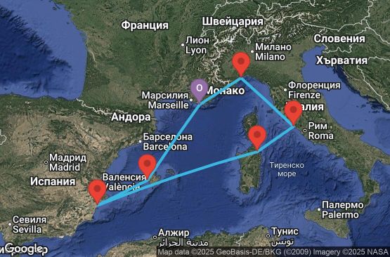 Маршрут на круиз 7 дни Франция, Испания, Италия - YNE07A0W