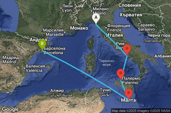 Маршрут на круиз 5 дни Италия, Малта, Испания - UW5M