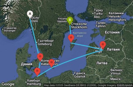 Маршрут на круиз 6 дни Норвегия, Дания, Германия, Латвия, Швеция - UWB3