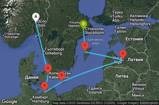 Маршрут на круиз 6 дни Норвегия, Дания, Германия, Латвия, Швеция - UWB3