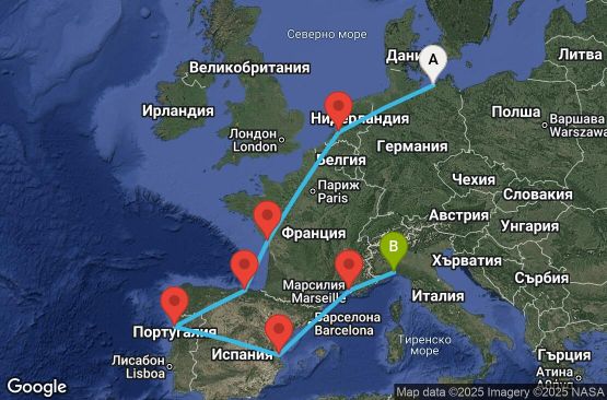 Маршрут на круиз 12 дни Германия, Нидерландия, Франция, Испания, Португалия, Италия - UWA7