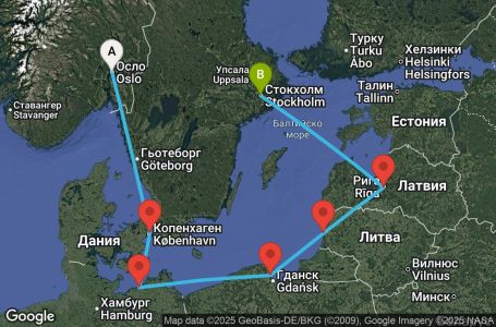 Маршрут на круиз 6 дни Норвегия, Дания, Германия, Полша, Литва, Латвия, Швеция - UWAT