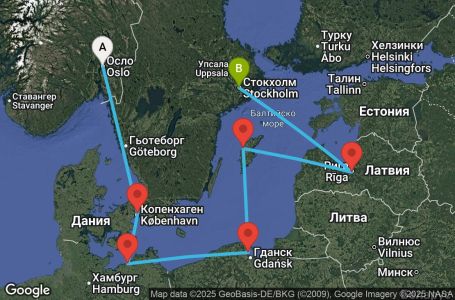 Маршрут на круиз 6 дни Норвегия, Дания, Германия, Полша, Швеция, Латвия - UWAK