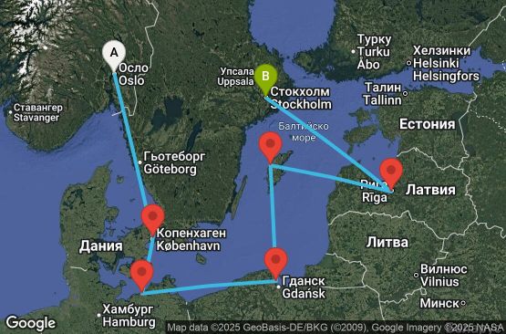 Маршрут на круиз 6 дни Норвегия, Дания, Германия, Полша, Швеция, Латвия - UWAK