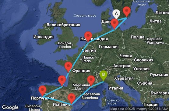 Маршрут на круиз 14 дни Дания, Швеция, Германия, Нидерландия, Франция, Испания, Португалия, Италия - UWB0