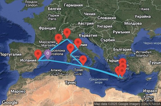Маршрут на круиз Balearic Islands, Greece, Italy, France, Spain - PMI14A0B