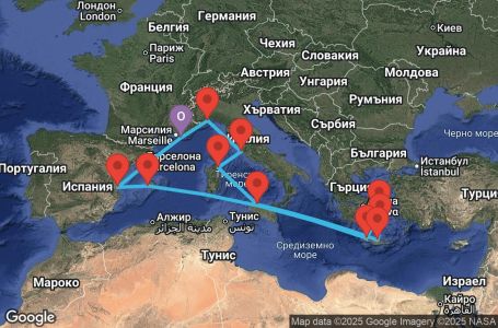 Маршрут на круиз France, Spain, Balearic Islands, Greece, Italy - YNE14A0I