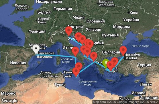 Маршрут на круиз 22 дни Испания, Италия, Малта, Гърция, Черна гора, Хърватия, Турция - EX20260402BCNPIR