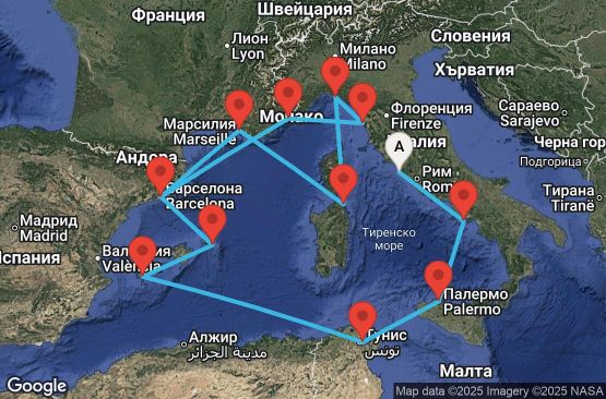 Маршрут на круиз 14 дни Италия, Тунис, Испания, Франция - EX20260513CVVBC1