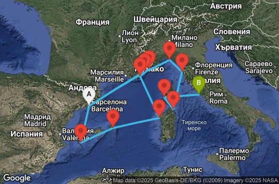 Маршрут на круиз 14 дни Испания, Италия, Франция, Монако - EX20260615BCNCVV