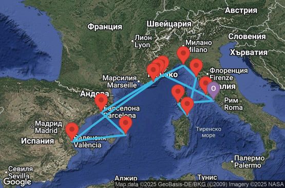 Маршрут на круиз 14 дни Италия, Монако, Франция, Испания - EX20260713CVVCVV