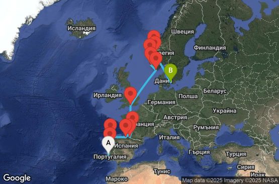 Маршрут на круиз 15 дни Португалия, Испания, Франция, Великобритания, Норвегия, Дания - EL20260810LISCPH