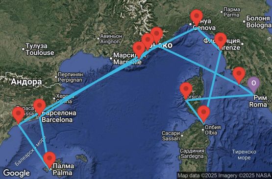 Маршрут на круиз 14 дни Италия, Монако, Франция, Испания - EX20260810CVVCVV