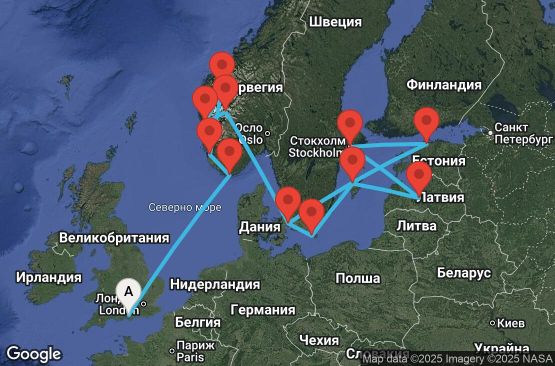 Маршрут на круиз 16 дни Великобритания, Норвегия, Дания, Естония, Швеция, Латвия - EL20260817SOUCP1