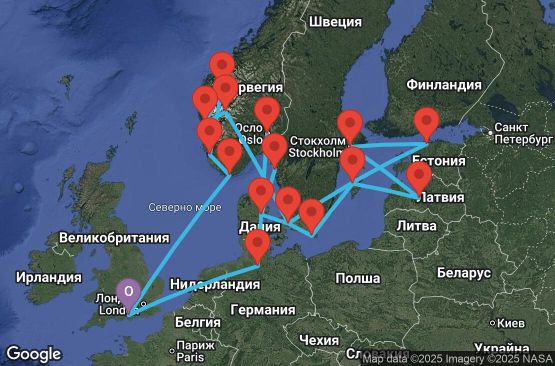 Маршрут на круиз 23 дни Великобритания, Норвегия, Дания, Естония, Швеция, Латвия, Германия - EL20260817SOUSOU