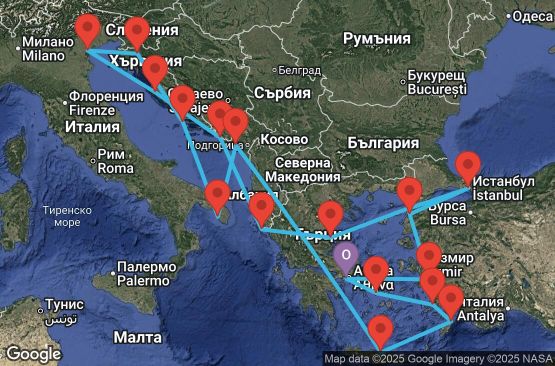 Маршрут на круиз 21 дни Гърция, Турция, Черна гора, Италия, Хърватия - EP20261019PIRPIR