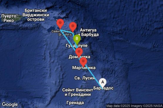 Маршрут на круиз 6 дни Барбадос, Сейнт Китс и Невис, Антигуа и Барбуда, Доминика, Мартиника, Гваделупа - UXS0