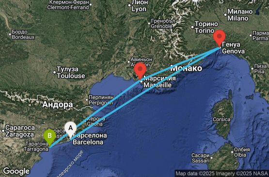 Маршрут на круиз 4 дни Испания, Италия, Франция - UXQO
