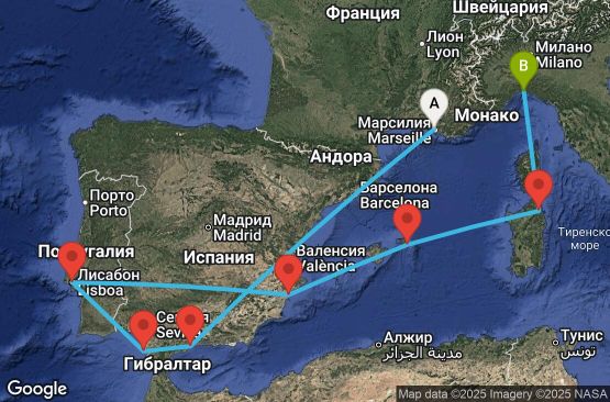 Маршрут на круиз 9 дни Франция, Испания, Португалия, Италия - UWQT