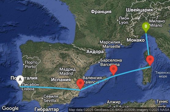 Маршрут на круиз 5 дни Португалия, Испания, Италия - UWQV