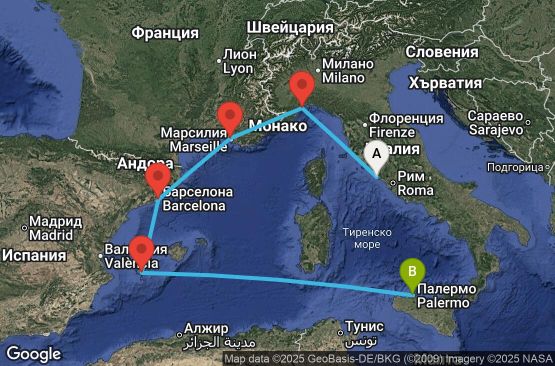 Маршрут на круиз 6 дни Италия, Франция, Испания, Балеарски острови - CIV06A1K