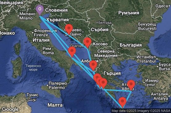 Маршрут на круиз 14 дни Италия, Гърция, Черна гора, Хърватия - PMA14A2G