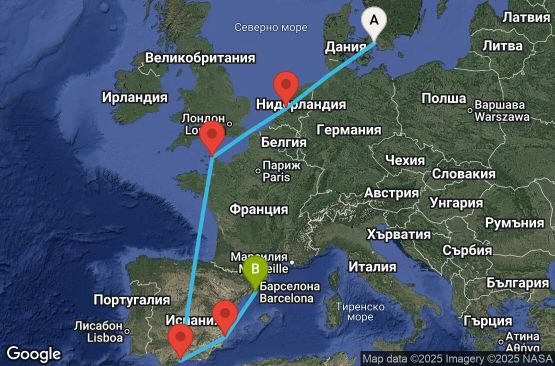 Маршрут на круиз 9 дни Дания, Нидерландия, Франция, Испания - UXAZ