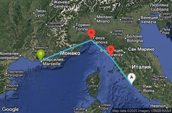 Маршрут на круиз 3 дни Италия, Франция - UXIO