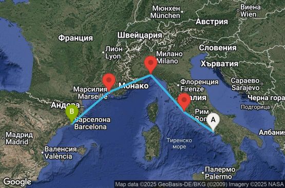 Маршрут на круиз 4 дни Италия, Франция, Испания - UX83