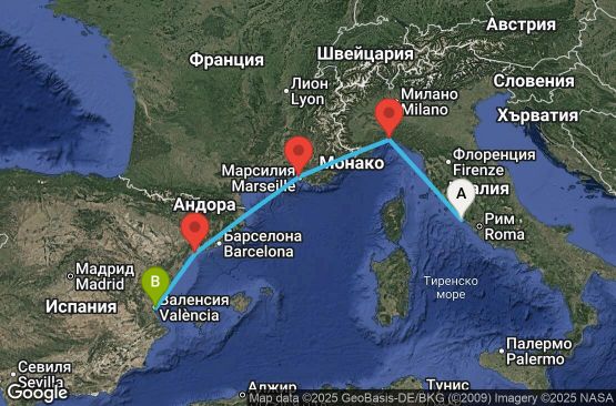 Маршрут на круиз 4 дни Италия, Франция, Испания - UX5G